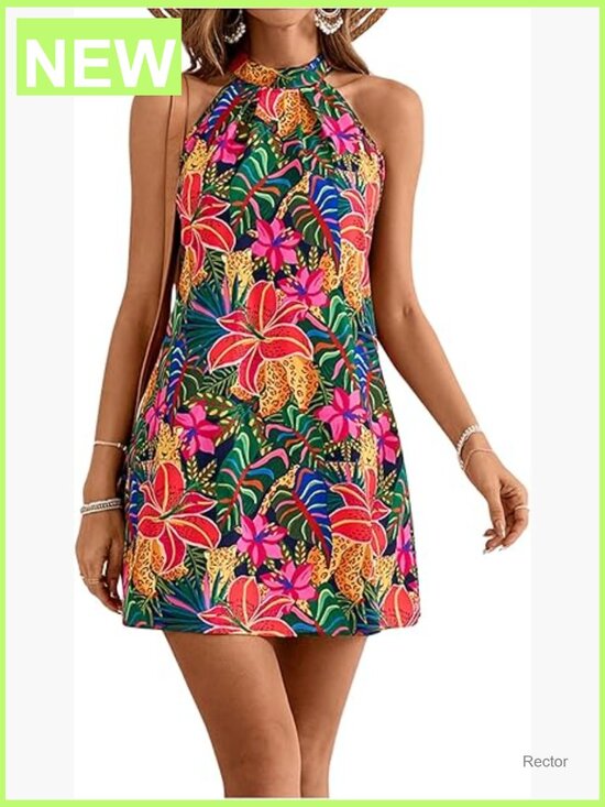Dresses & Skirts - Sleeveless Floral Sundress Halter Neck A-Line Short Dress